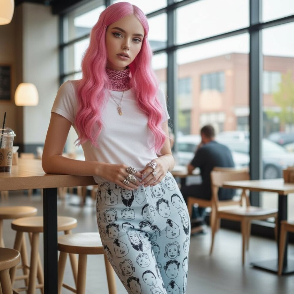SHEKOU Straight Leg Pants Small Artsy Grafitti Faces Doodle Streetwear Punk Rave